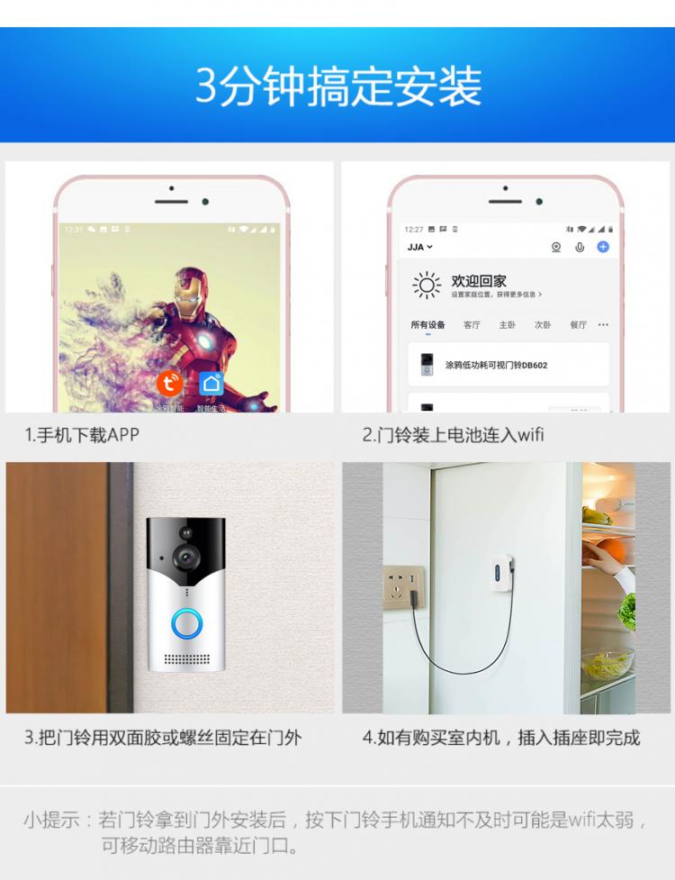 涂鴉USB低功耗電池可視門鈴DB602 tuya可視門鈴 第15張